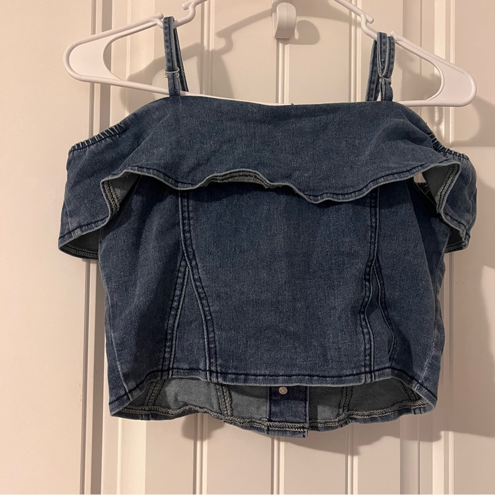 🍒Elegant Off-Shoulder Blue Denim Overalls + Small green Top both S - Picture 3 of 4